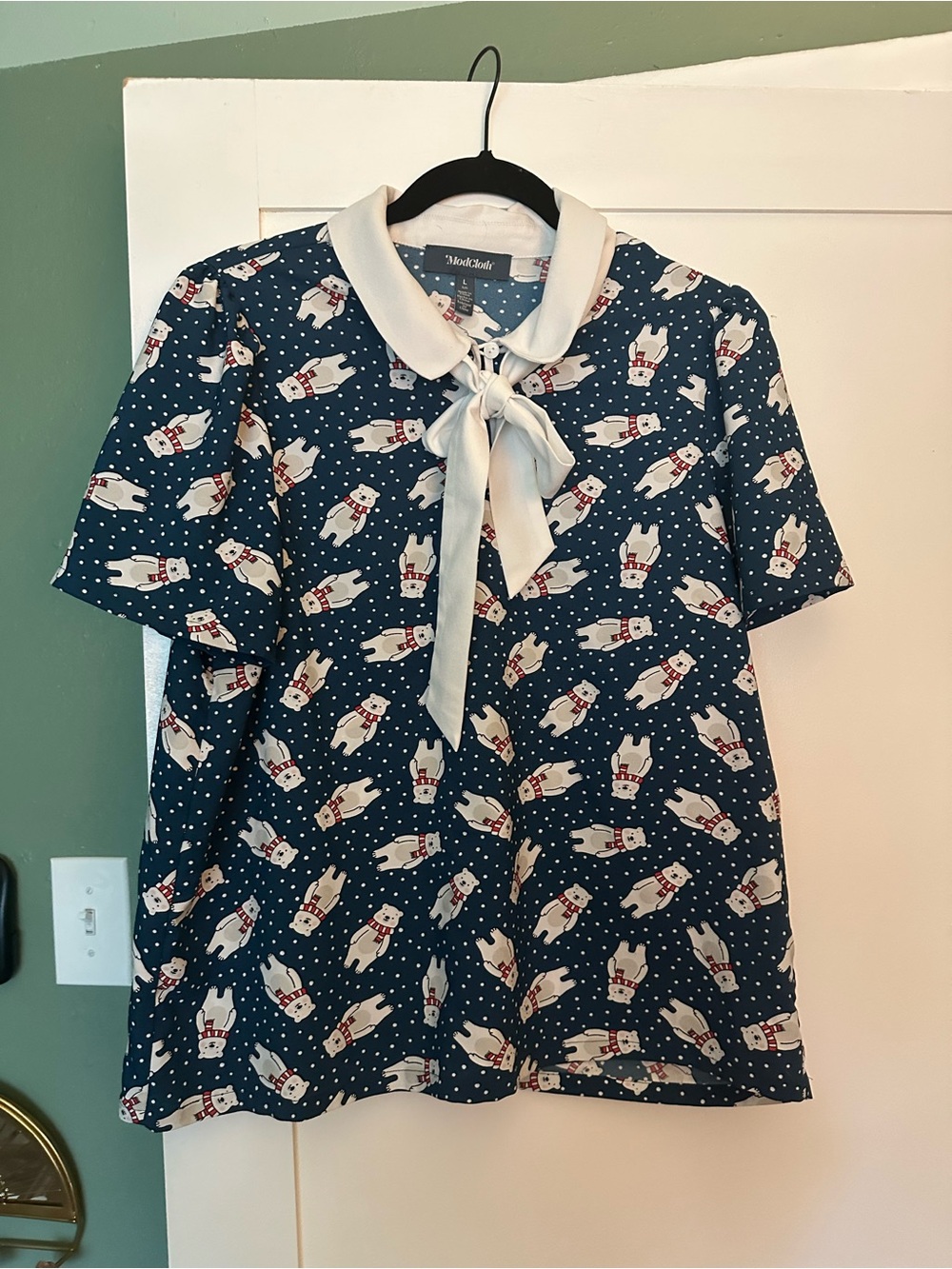 Modcloth Navy Blue Novelty Polar Bear Tie-Neck Blouse